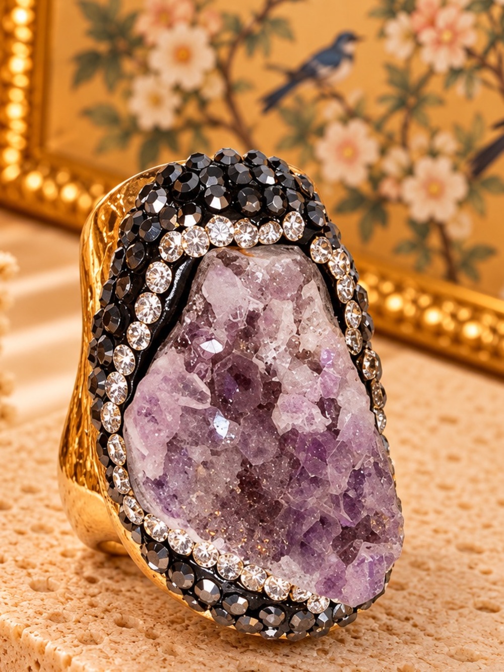 Natural Amethyst Crystal Rhinestone Statement Ring